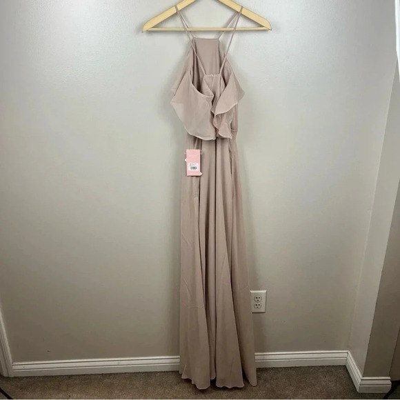 Birdy Grey Jules Dress Size XS Taupe Ruffle Halter Bridesmaid Formal Chiffon - Picture 3 of 12